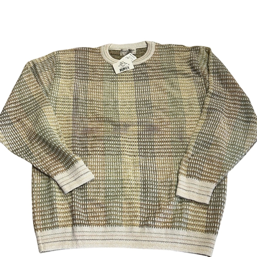 Tricots St Raphael‎ Sweater Plaid Waffle Knit Crewneck Men's Large Vtg NWT Linen